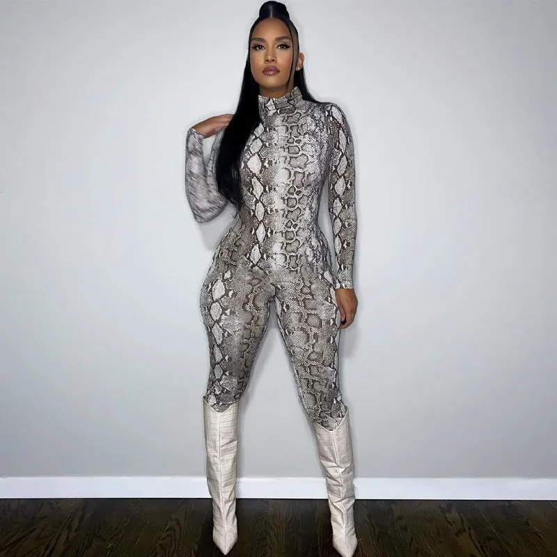 10842 Snake Print Long Sleeve Women'S Jumpsuit 2022 New Fashion Winter One Piece Wholesale Party American Clothing