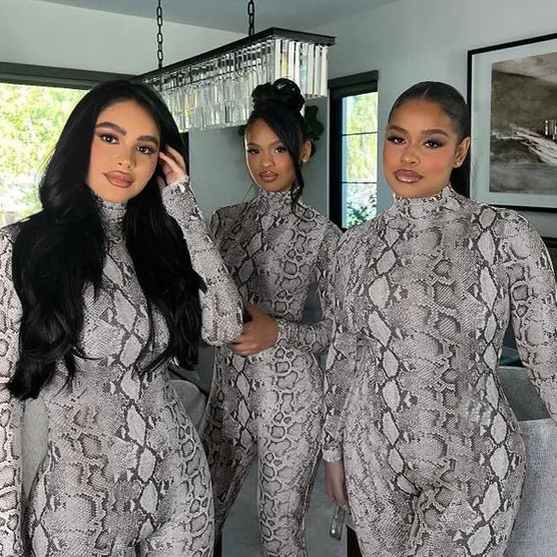 10842 Snake Print Long Sleeve Women'S Jumpsuit 2022 New Fashion Winter One Piece Wholesale Party American Clothing