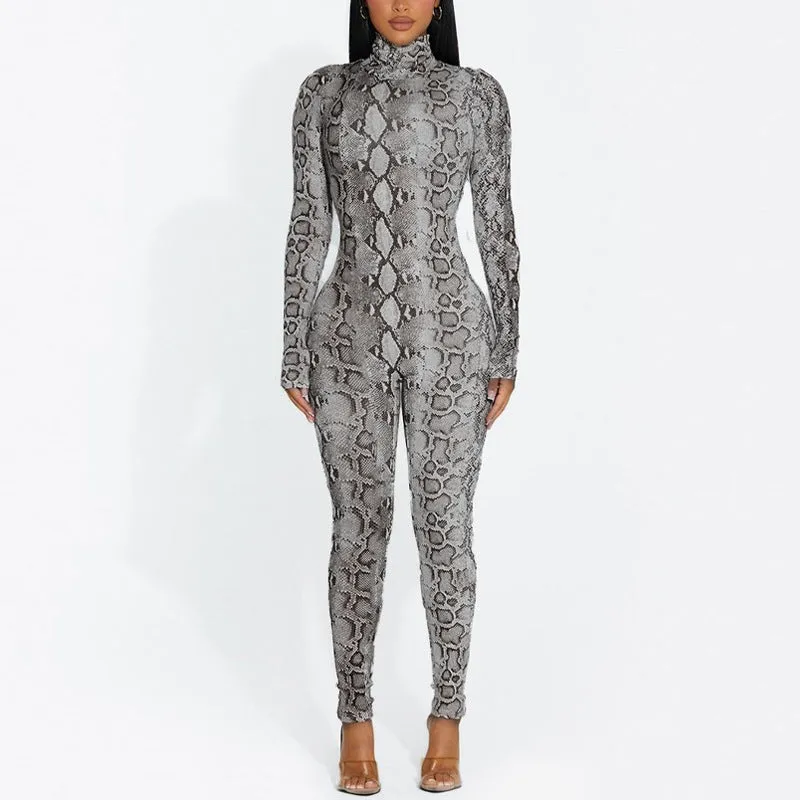 10842 Snake Print Long Sleeve Women'S Jumpsuit 2022 New Fashion Winter One Piece Wholesale Party American Clothing