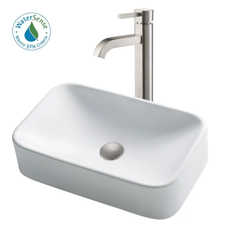 19" Rectangular White Porcelain Bathroom Vessel Sink and Ramus Faucet Combo Set with Pop-Up Drain