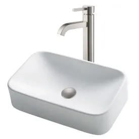 19" Rectangular White Porcelain Bathroom Vessel Sink and Ramus Faucet Combo Set with Pop-Up Drain