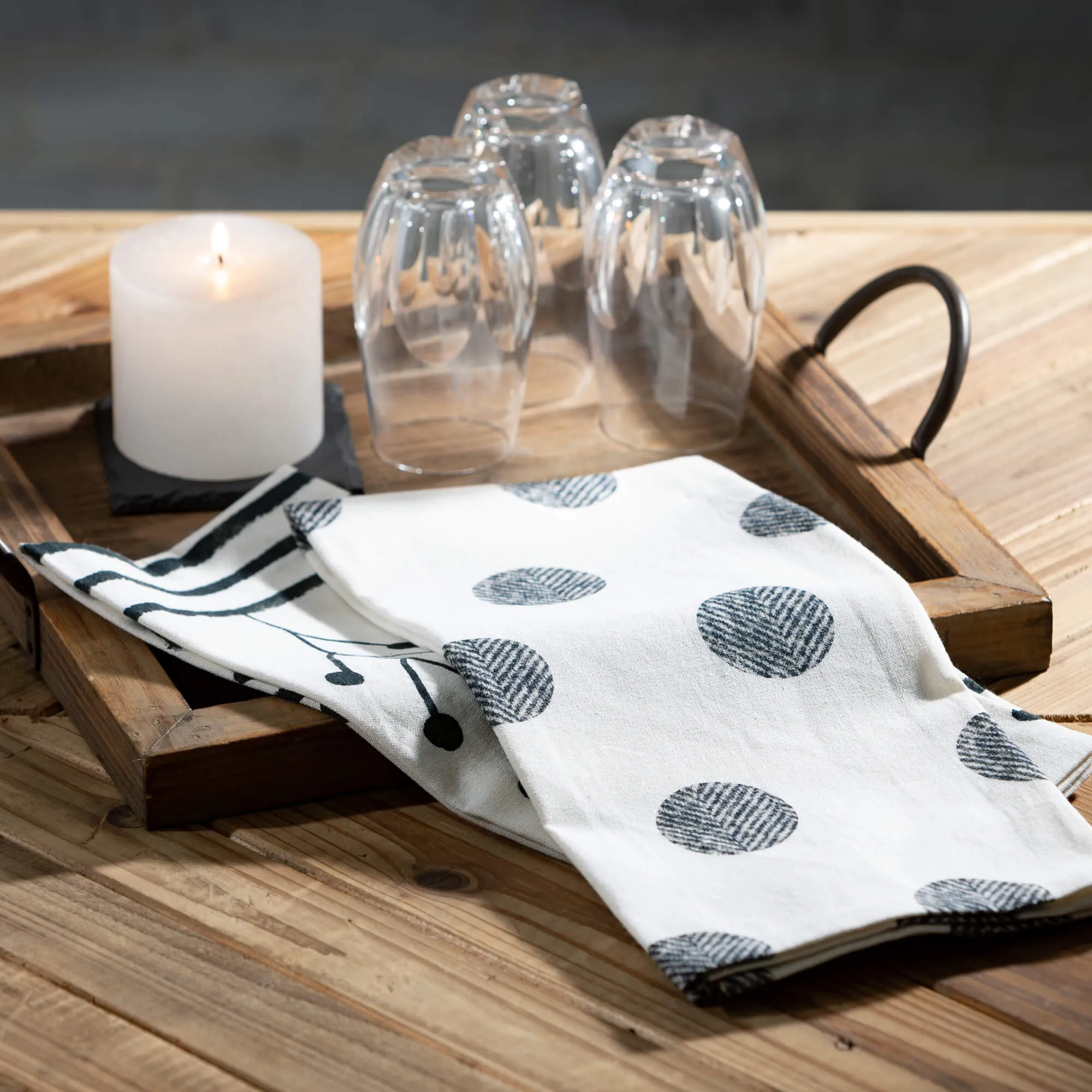 20 x 30" Black & White Print Tea Towels - Set of 4, Black