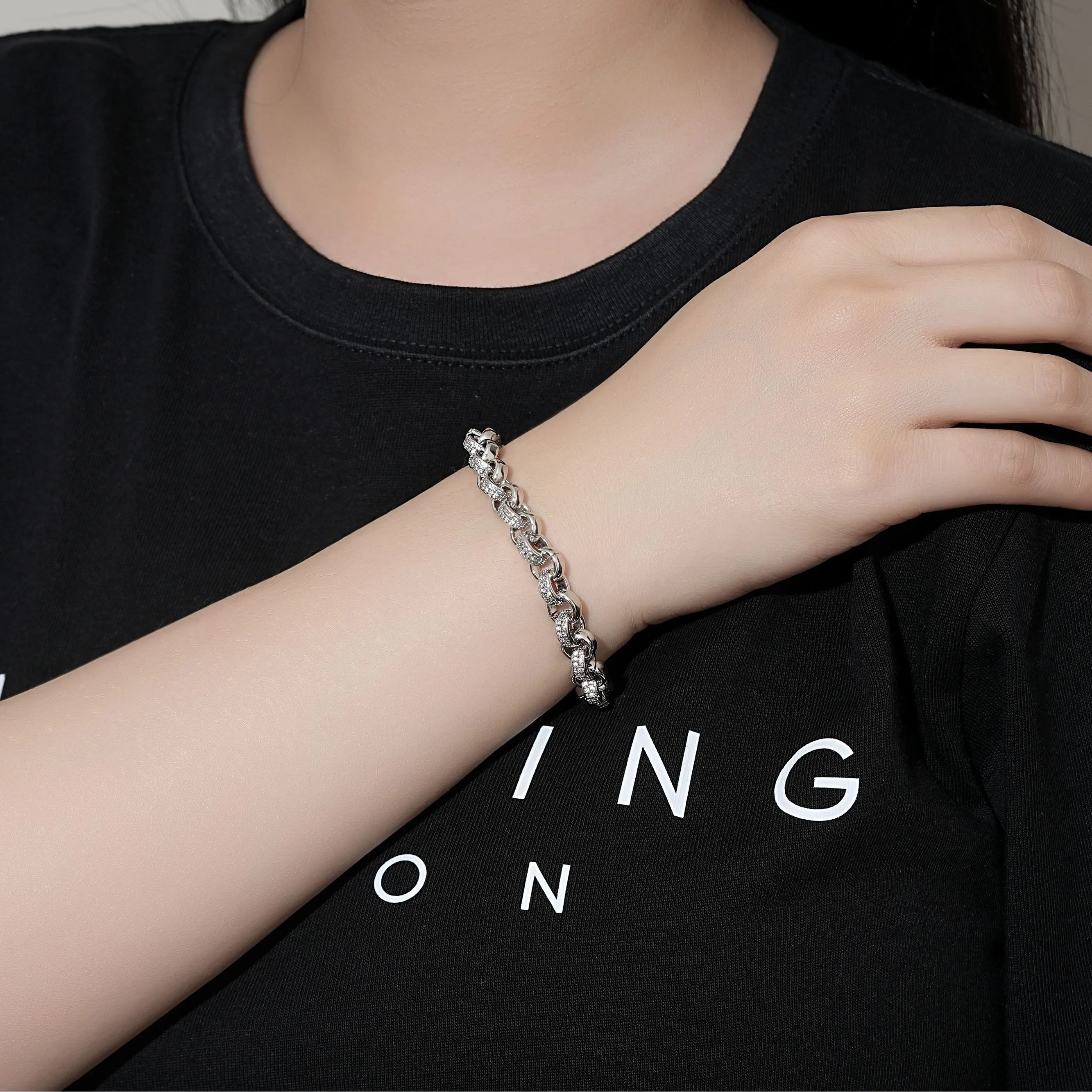 8mm Silver Filled Belcher Bracelet 750 CZ Stones 8/9 Inch