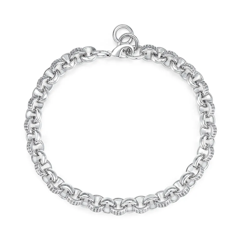 8mm Silver Filled Belcher Bracelet 750 CZ Stones 8/9 Inch