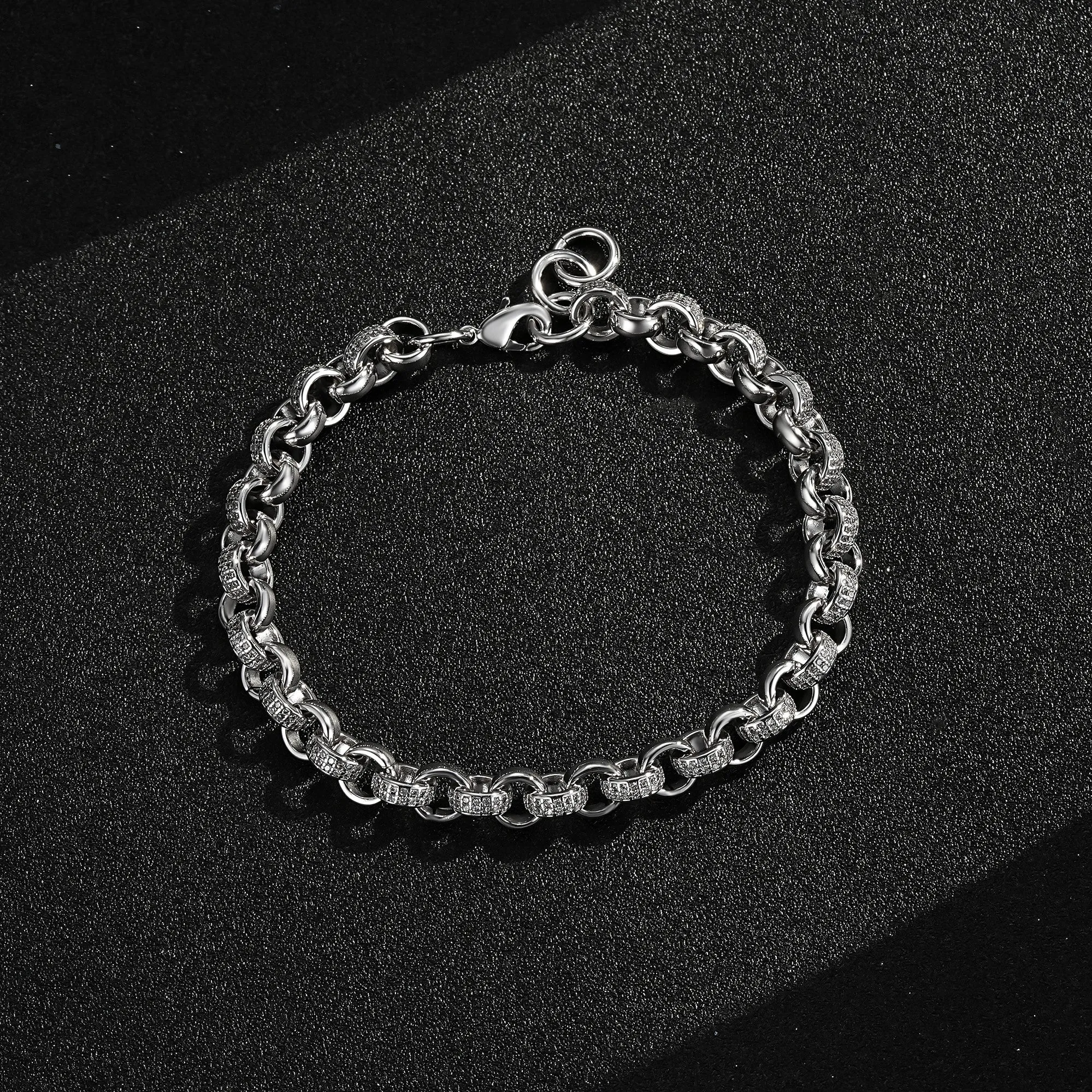 8mm Silver Filled Belcher Bracelet 750 CZ Stones 8/9 Inch
