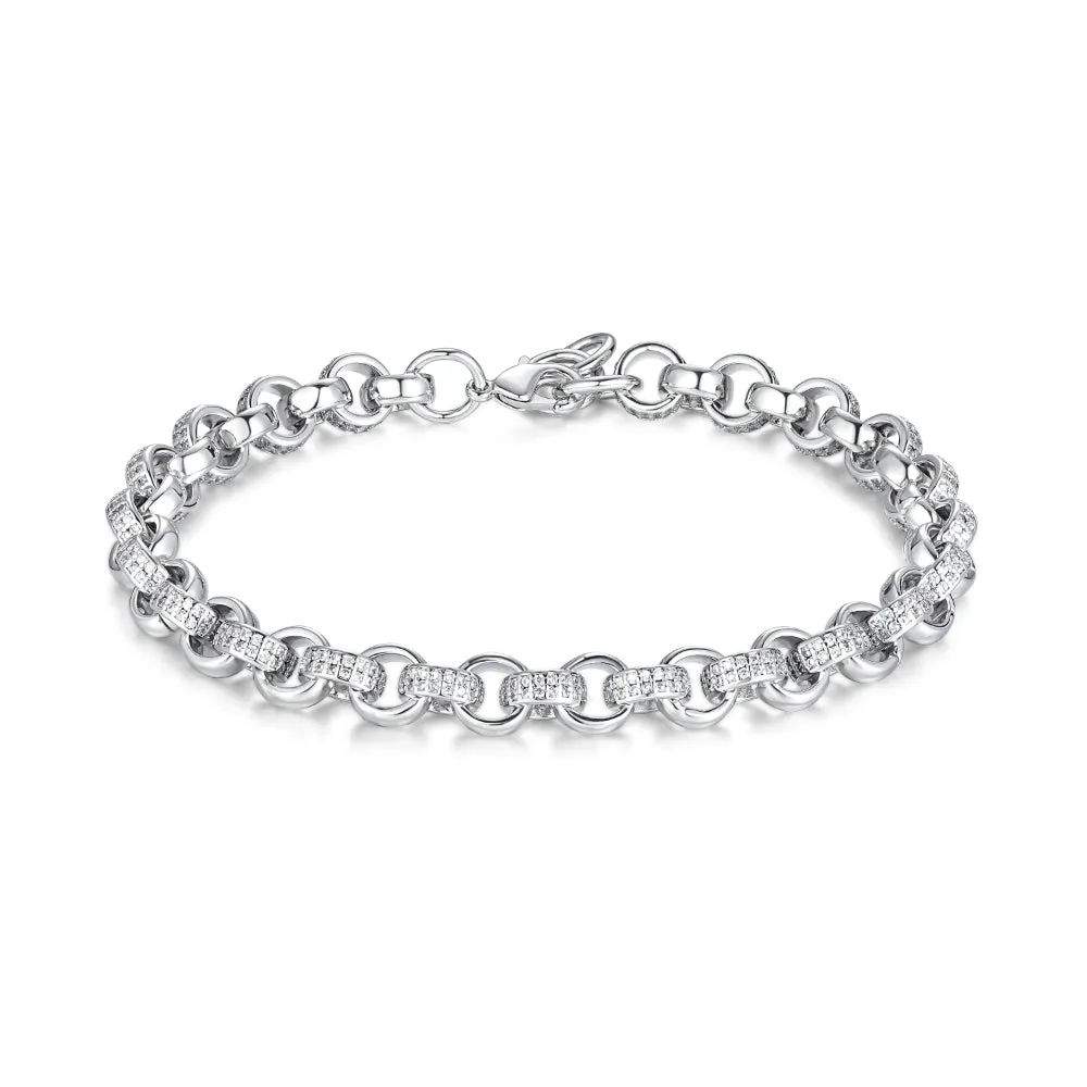 8mm Silver Filled Belcher Bracelet 750 CZ Stones 8/9 Inch