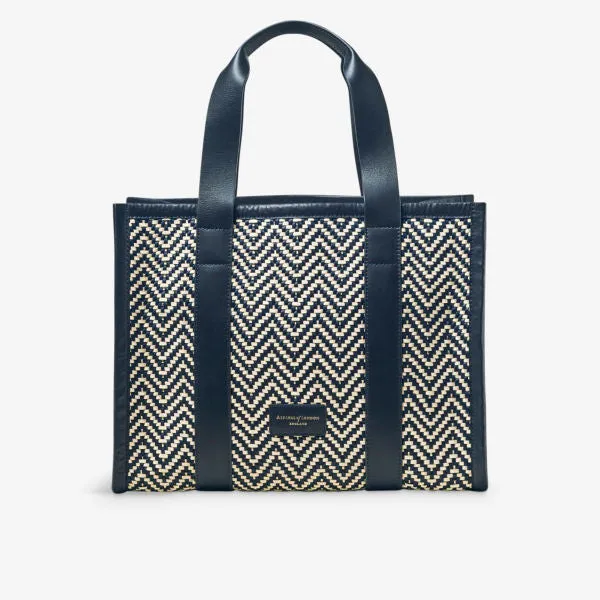 Aspinal Of London Small Leather Henley Tote with Chevron Pattern, Navy