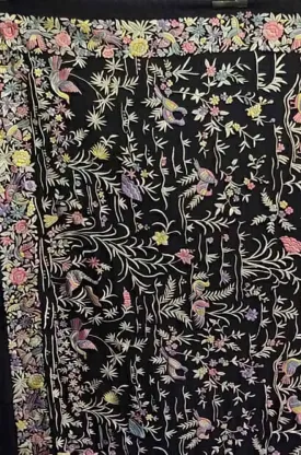 Black Hand Embroidered Parsi Gara Pure Georgette Bird Design Saree