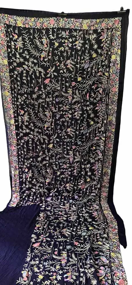 Black Hand Embroidered Parsi Gara Pure Georgette Bird Design Saree