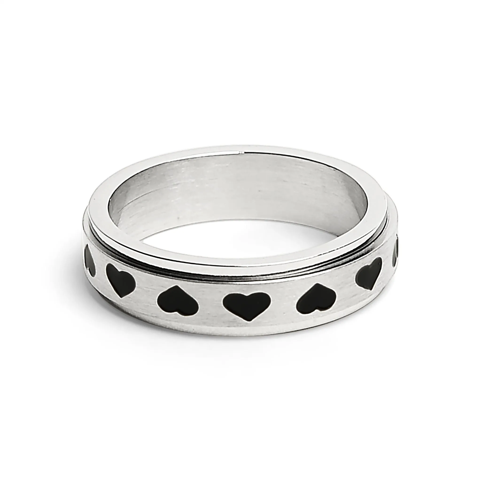 Black Hearts Spinner Center Polished Stainless Steel Ring / SRJ2246