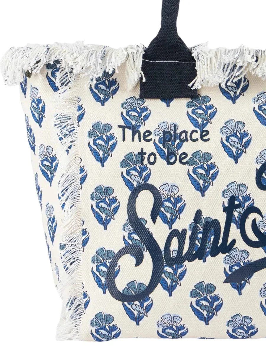 Borsa Tote Vanity a Righe Indaco e Fiori