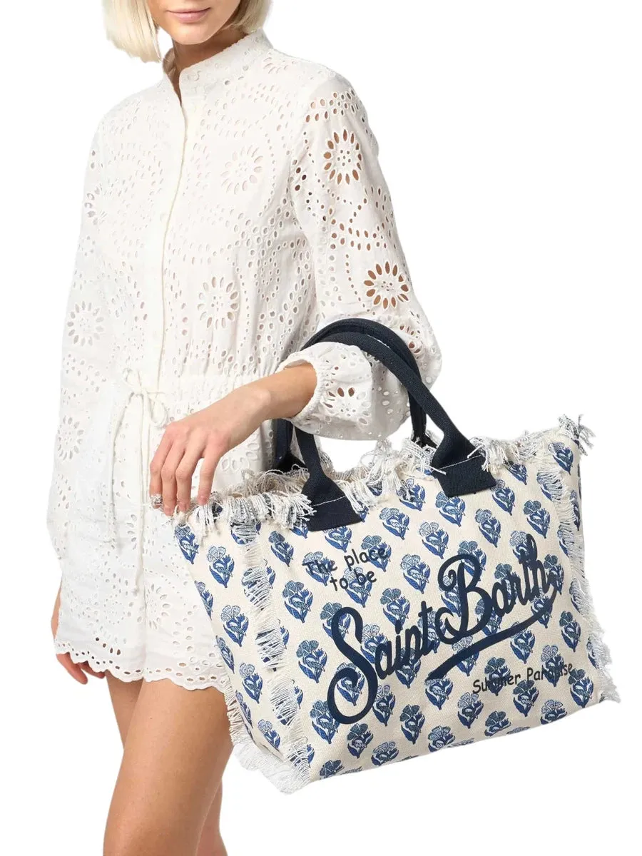 Borsa Tote Vanity a Righe Indaco e Fiori