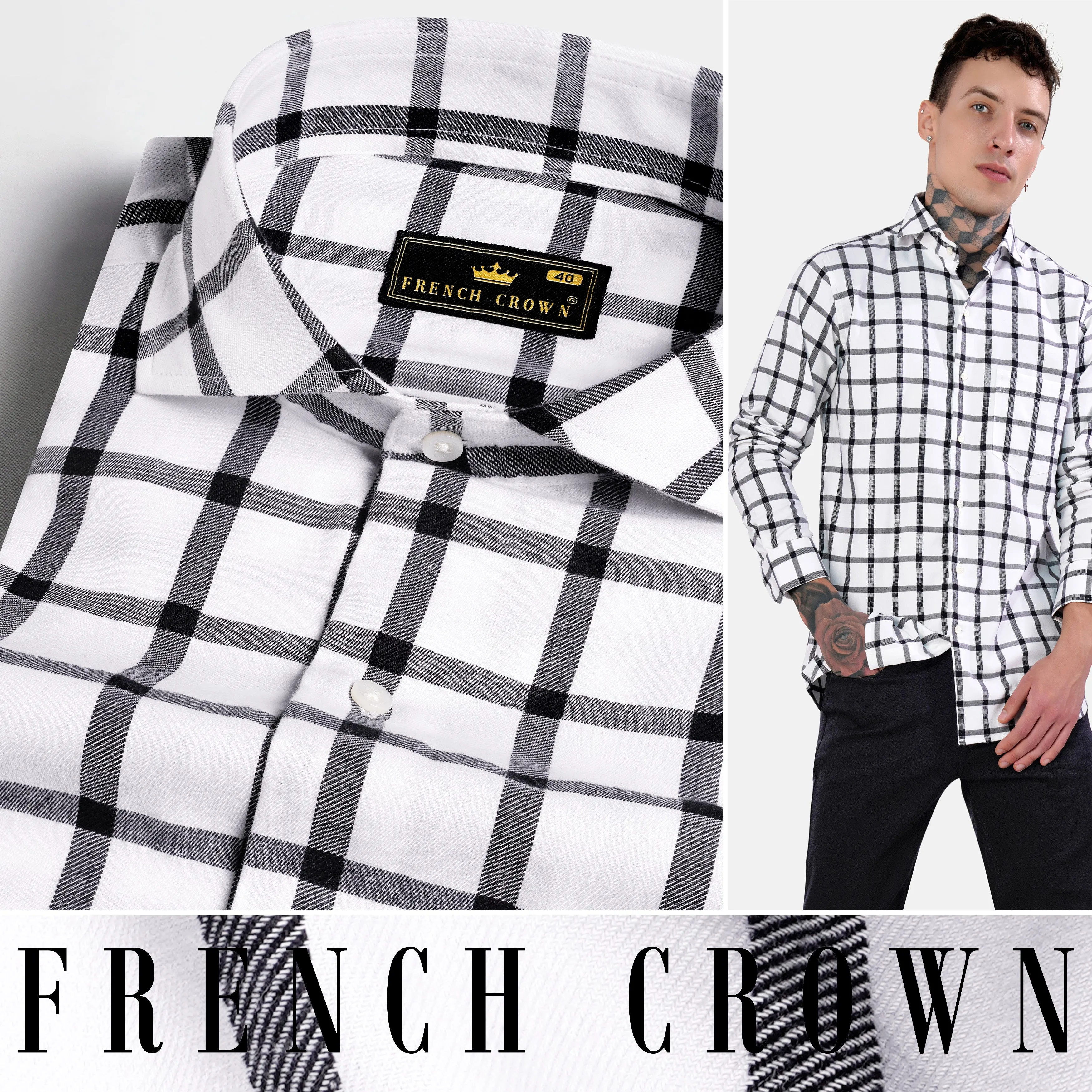 Bright White and Black Checkered Twill Premium Cotton Shirt