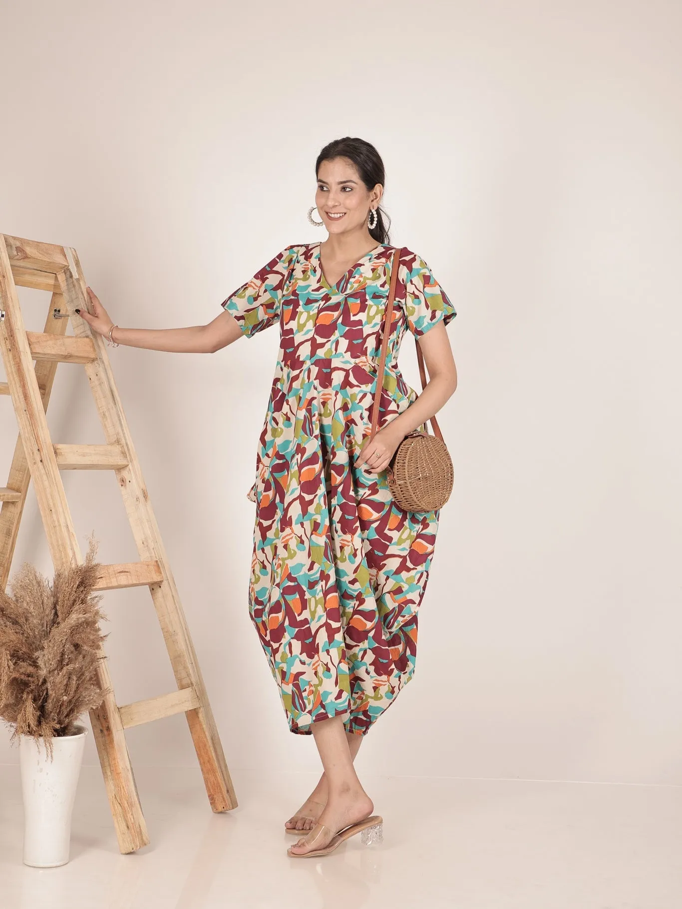 Cotton Printed Cowl Dress