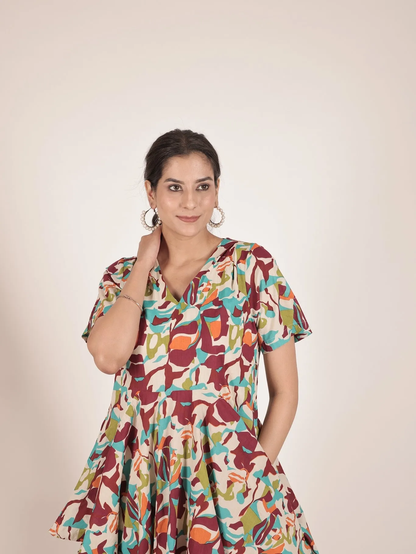 Cotton Printed Cowl Dress