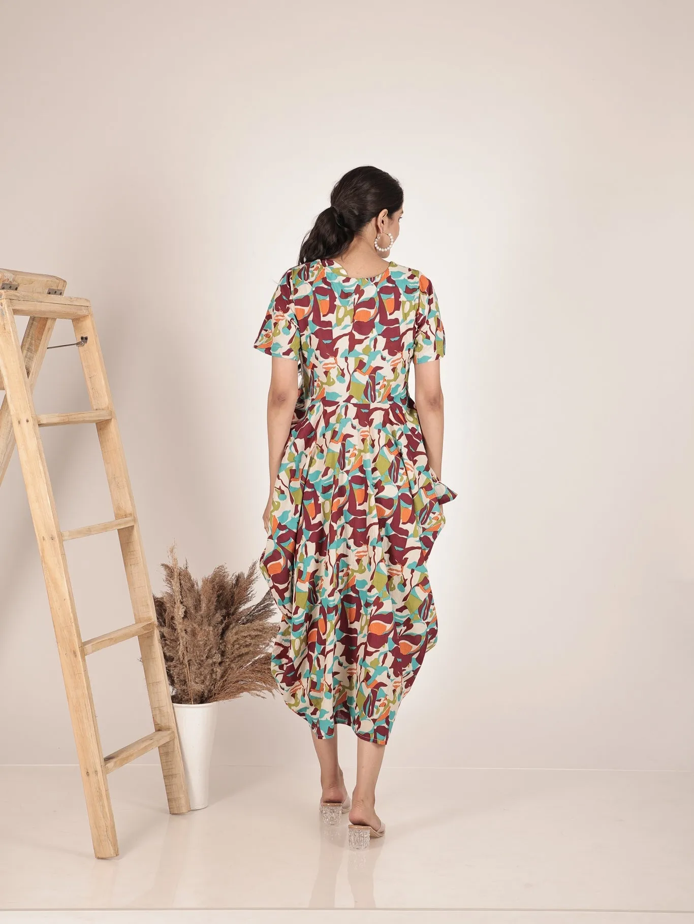 Cotton Printed Cowl Dress