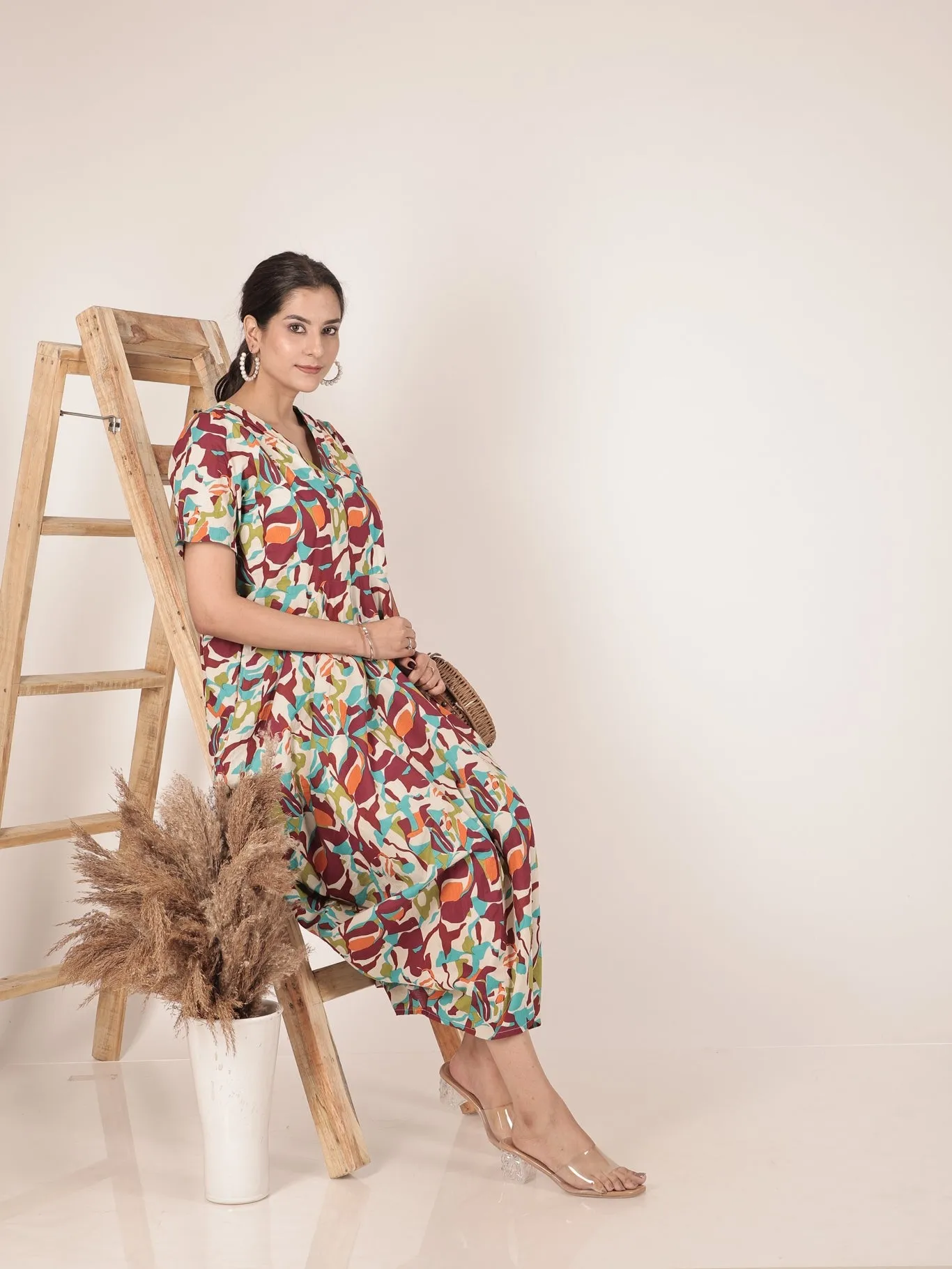 Cotton Printed Cowl Dress