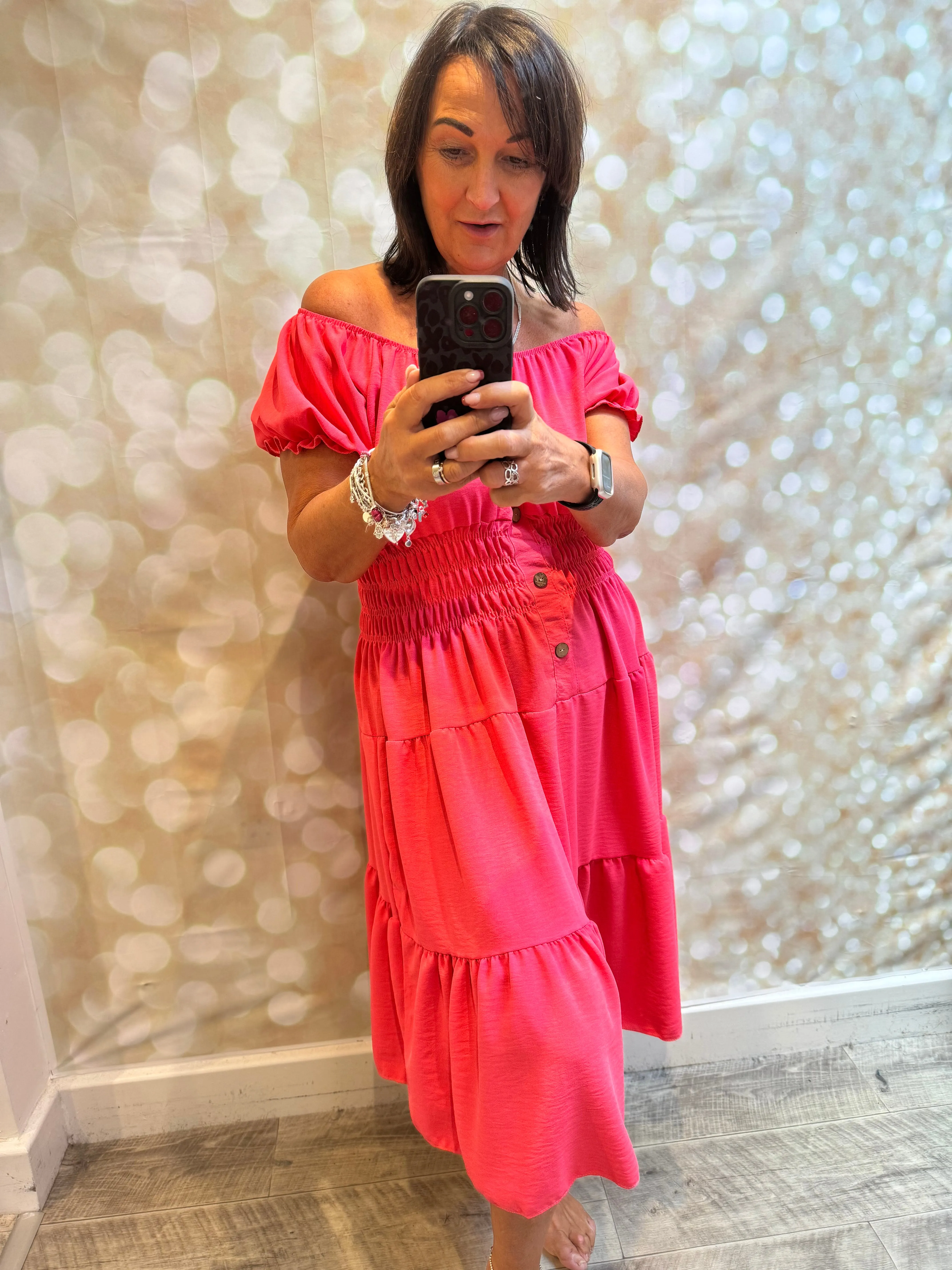 Crinkle fabric Bardot off the shoulder dress