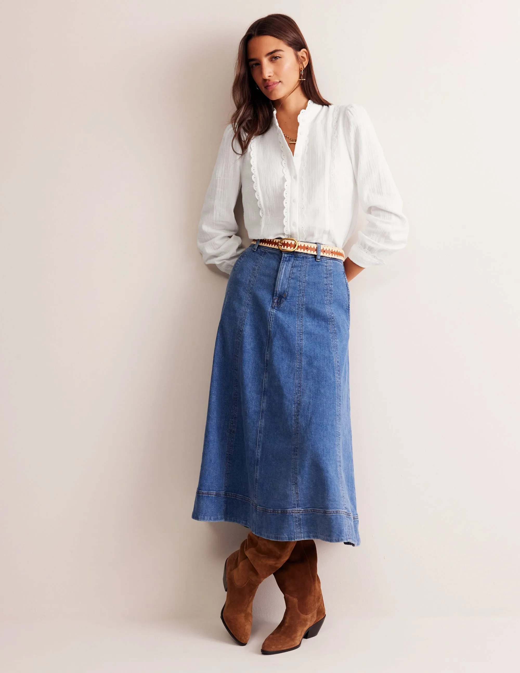 Double Cloth Scallop Blouse-White
