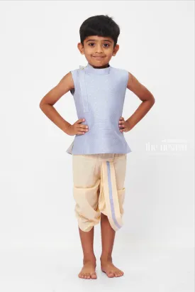 Elegant Blue Sleeveless Kurta & Cream Dhoti Set for Boys