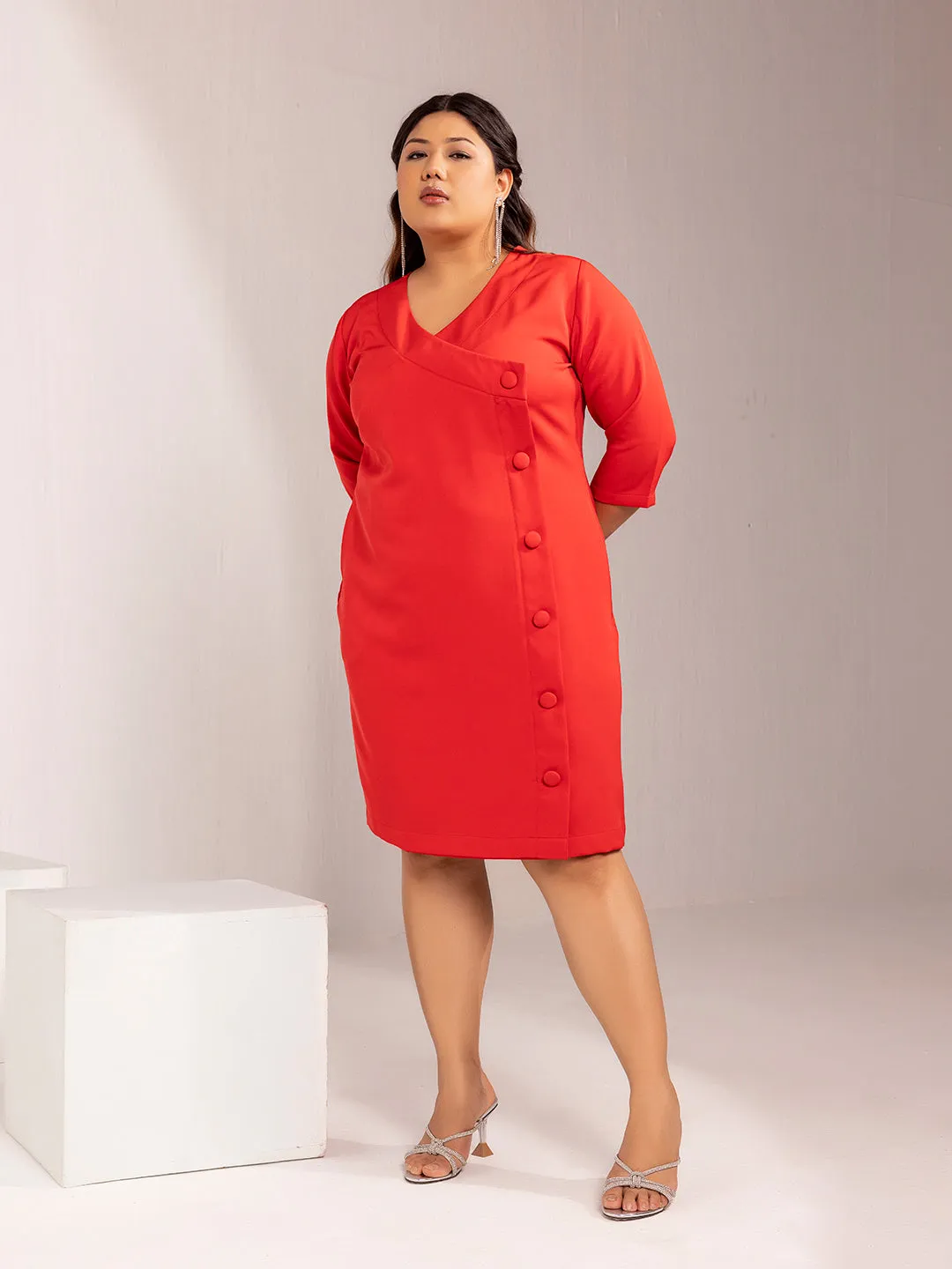 Formal V-Neck Sheath Dress - Red