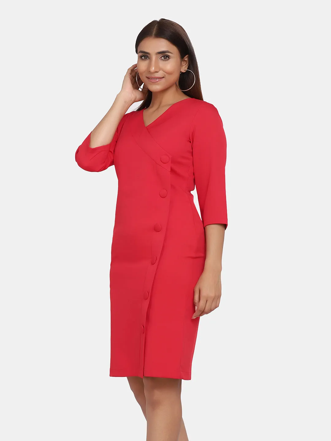 Formal V-Neck Sheath Dress - Red