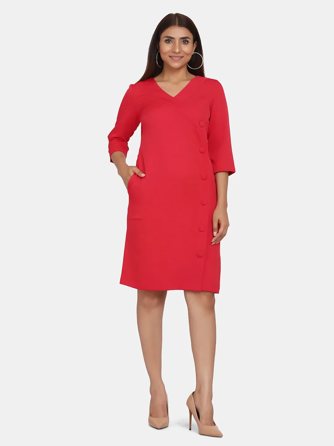 Formal V-Neck Sheath Dress - Red