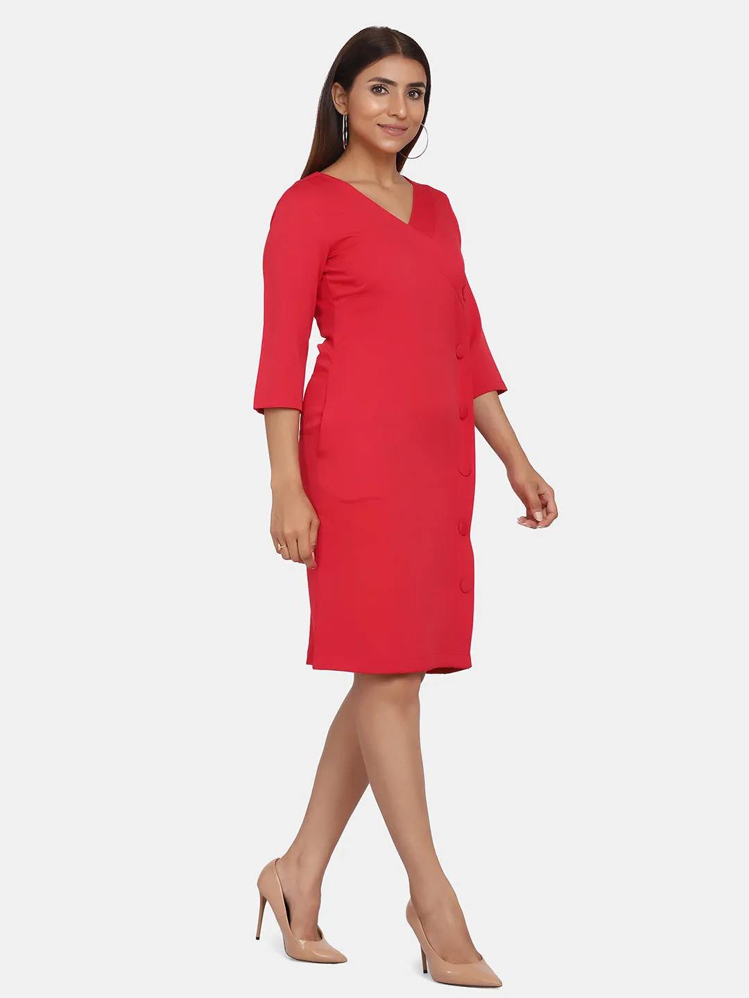 Formal V-Neck Sheath Dress - Red