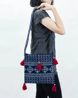 Hmong Indigo Batik Crossbody Sling Bag with Red Tassels