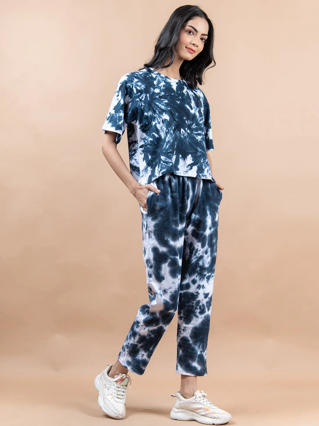 Indigo Color Tie Dye Cotton T Shirt And Jogger Set For Women