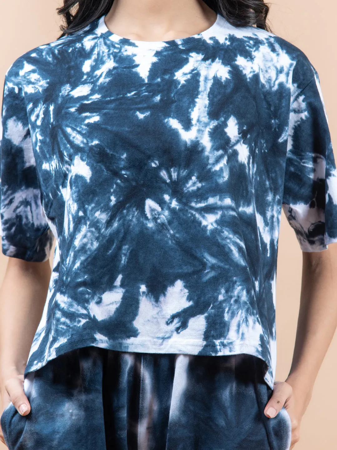 Indigo Color Tie Dye Cotton T Shirt And Jogger Set For Women