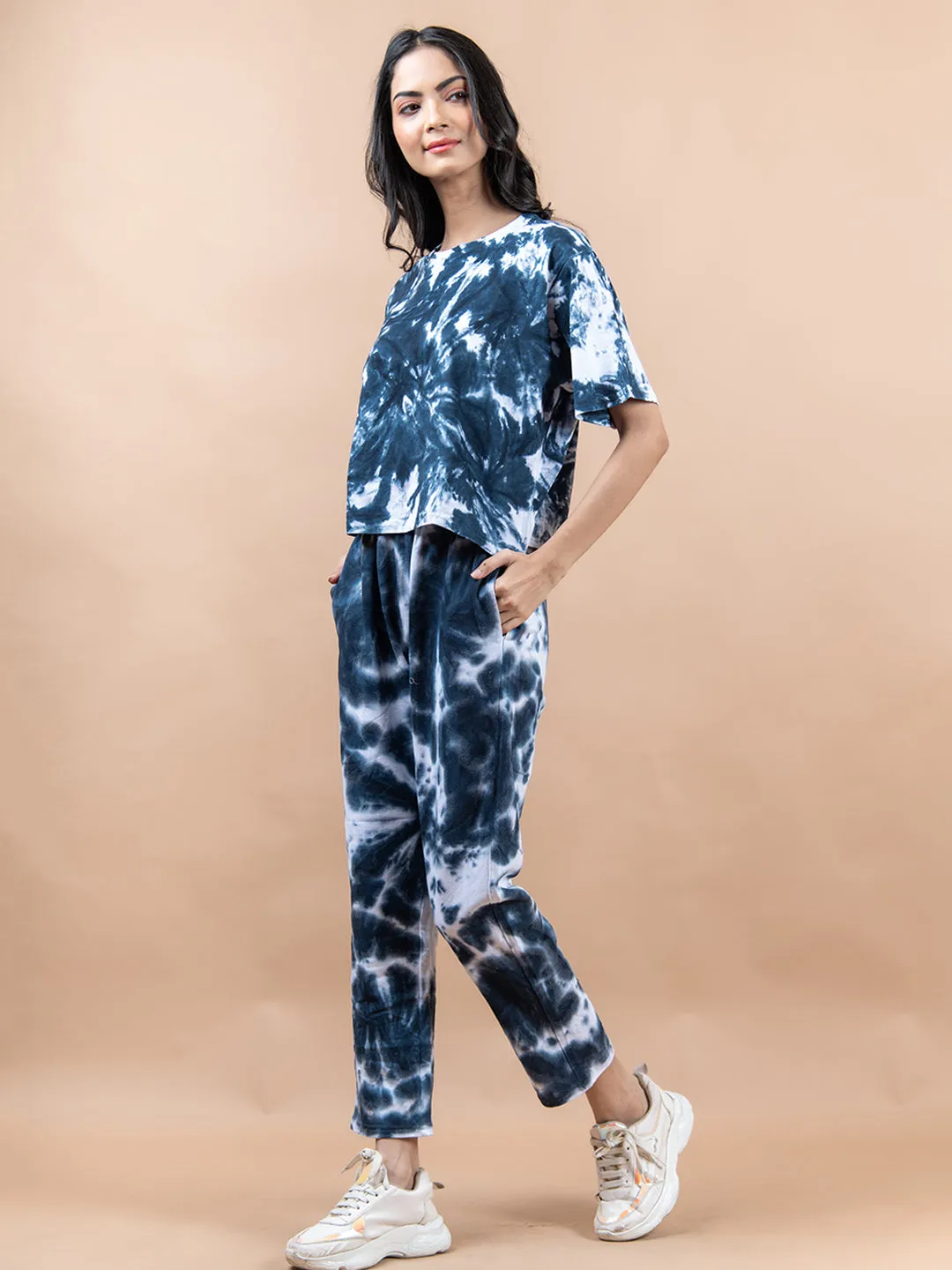 Indigo Color Tie Dye Cotton T Shirt And Jogger Set For Women