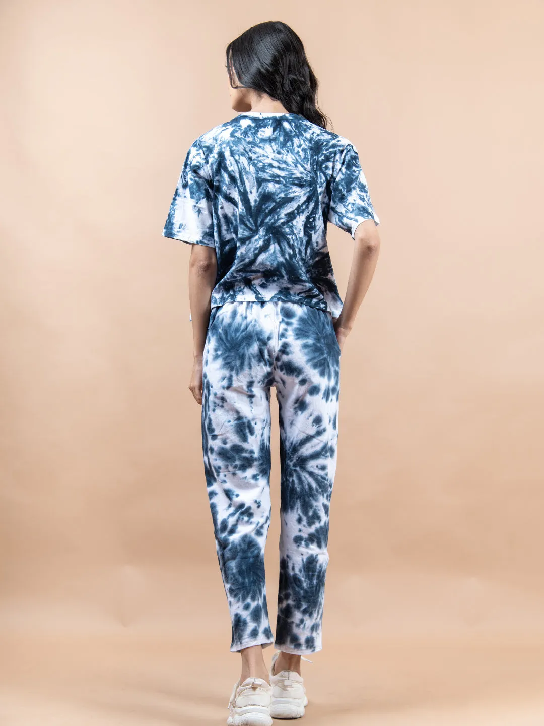 Indigo Color Tie Dye Cotton T Shirt And Jogger Set For Women