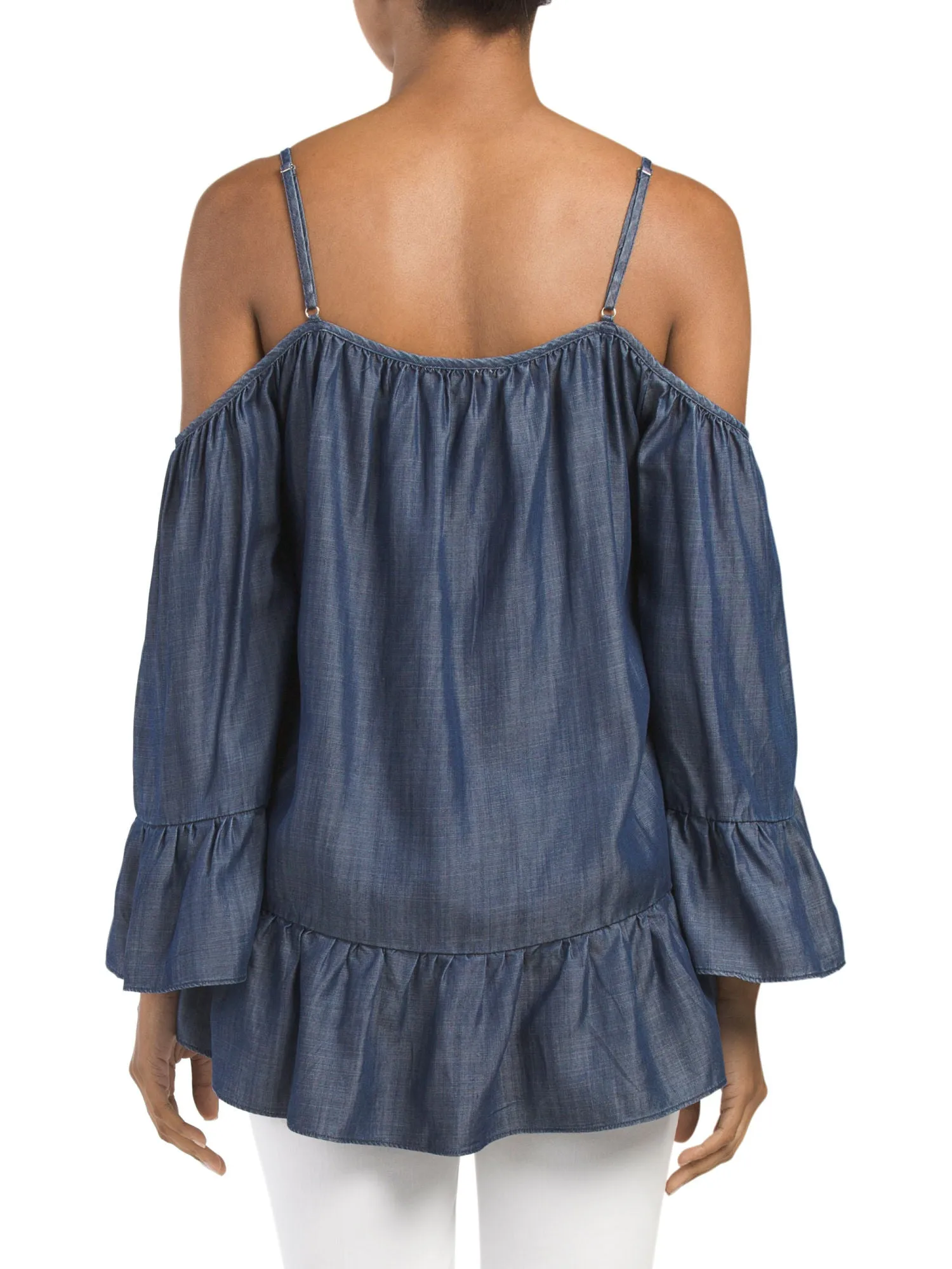 LAJU Tencel Ruffle Hem Cold Shoulder Top