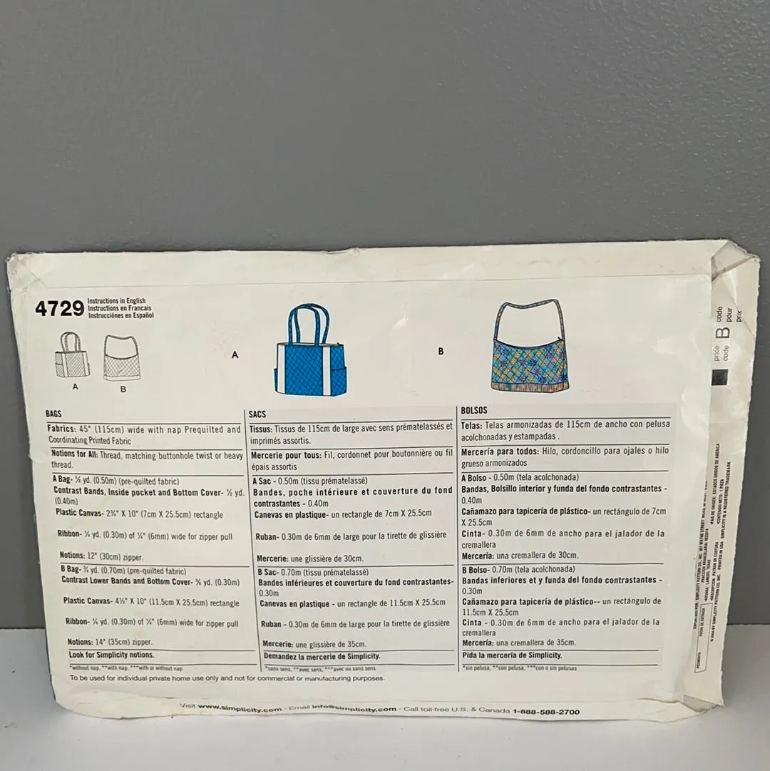 <€€ Simplicity Sewing Pattern 4729 Easy (4) Purse Tote Bags One Size PreQuilted Fabric