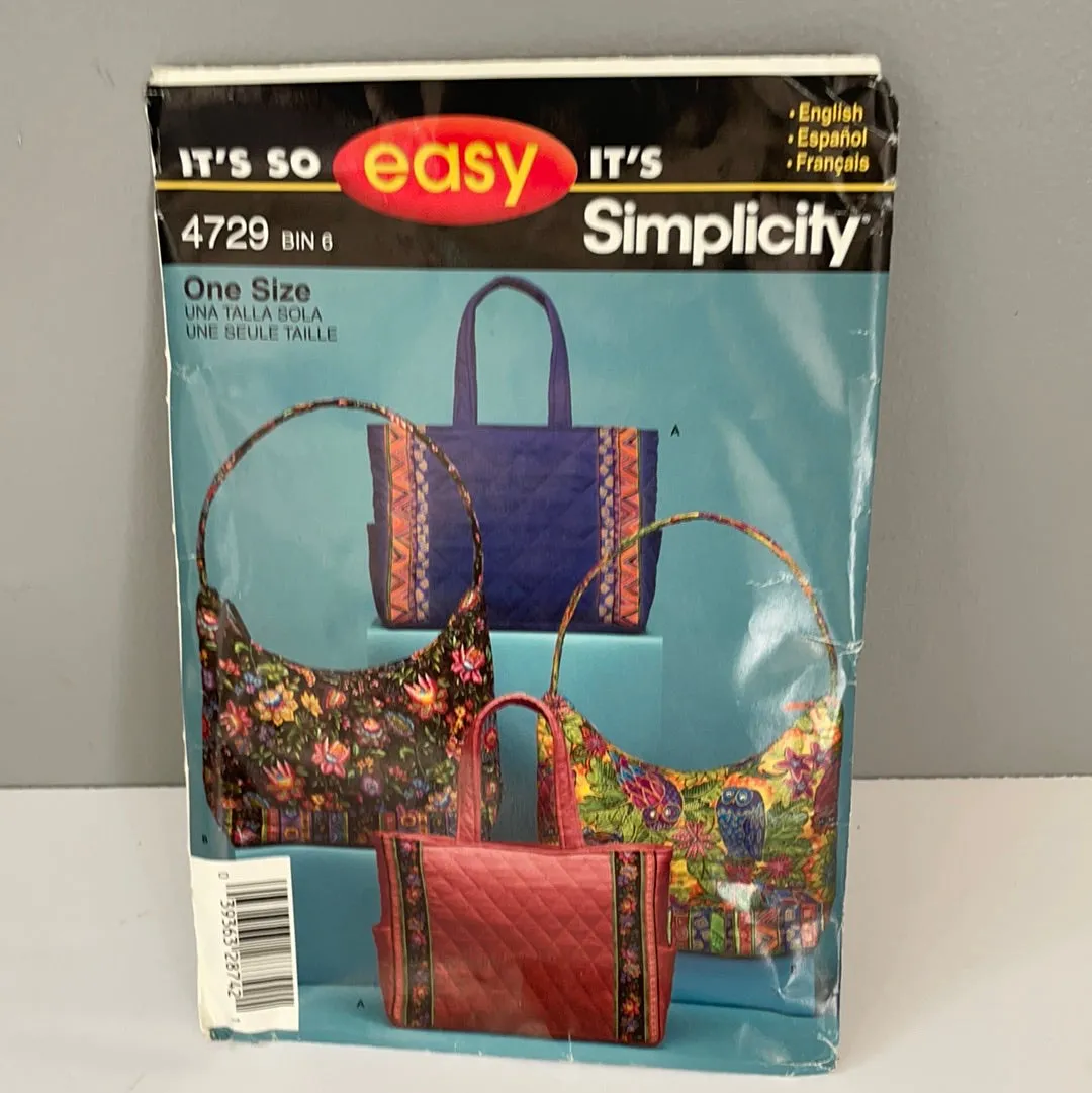 <€€ Simplicity Sewing Pattern 4729 Easy (4) Purse Tote Bags One Size PreQuilted Fabric