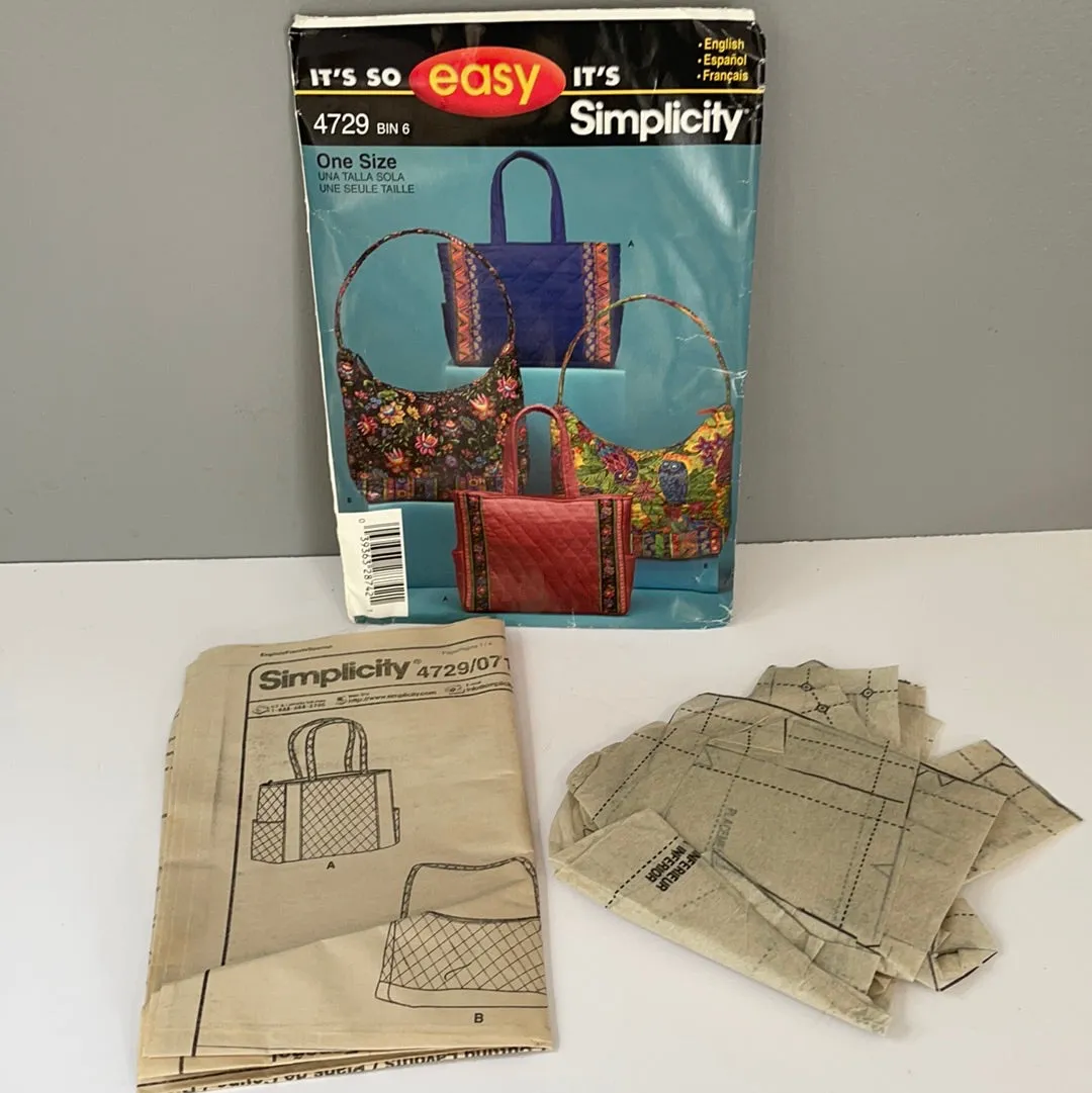 <€€ Simplicity Sewing Pattern 4729 Easy (4) Purse Tote Bags One Size PreQuilted Fabric