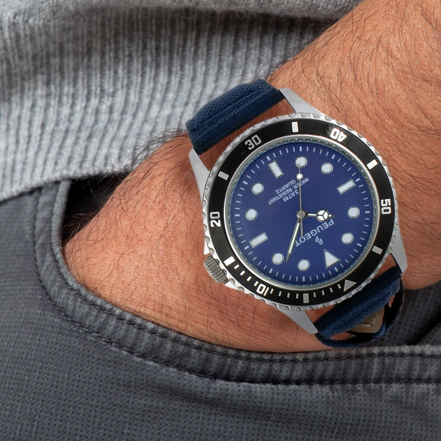Men's 42mm Sport Bezel Watch with Blue Dial and Canvas Strap