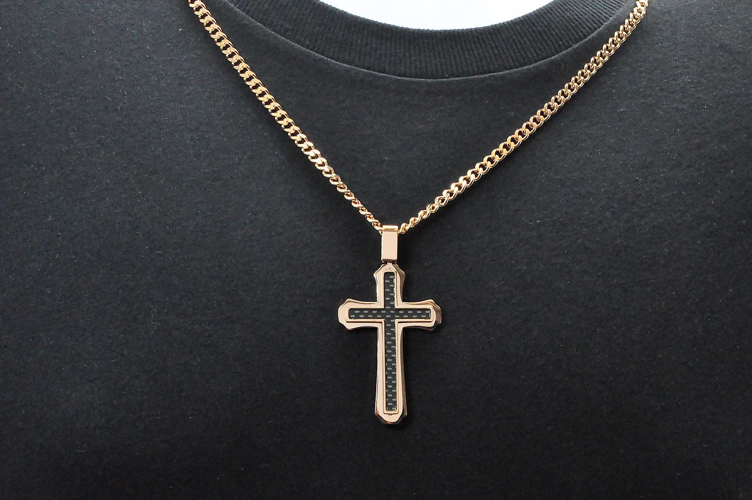 Mens Carbon Fiber Rose Stainless Steel Cross Pendant