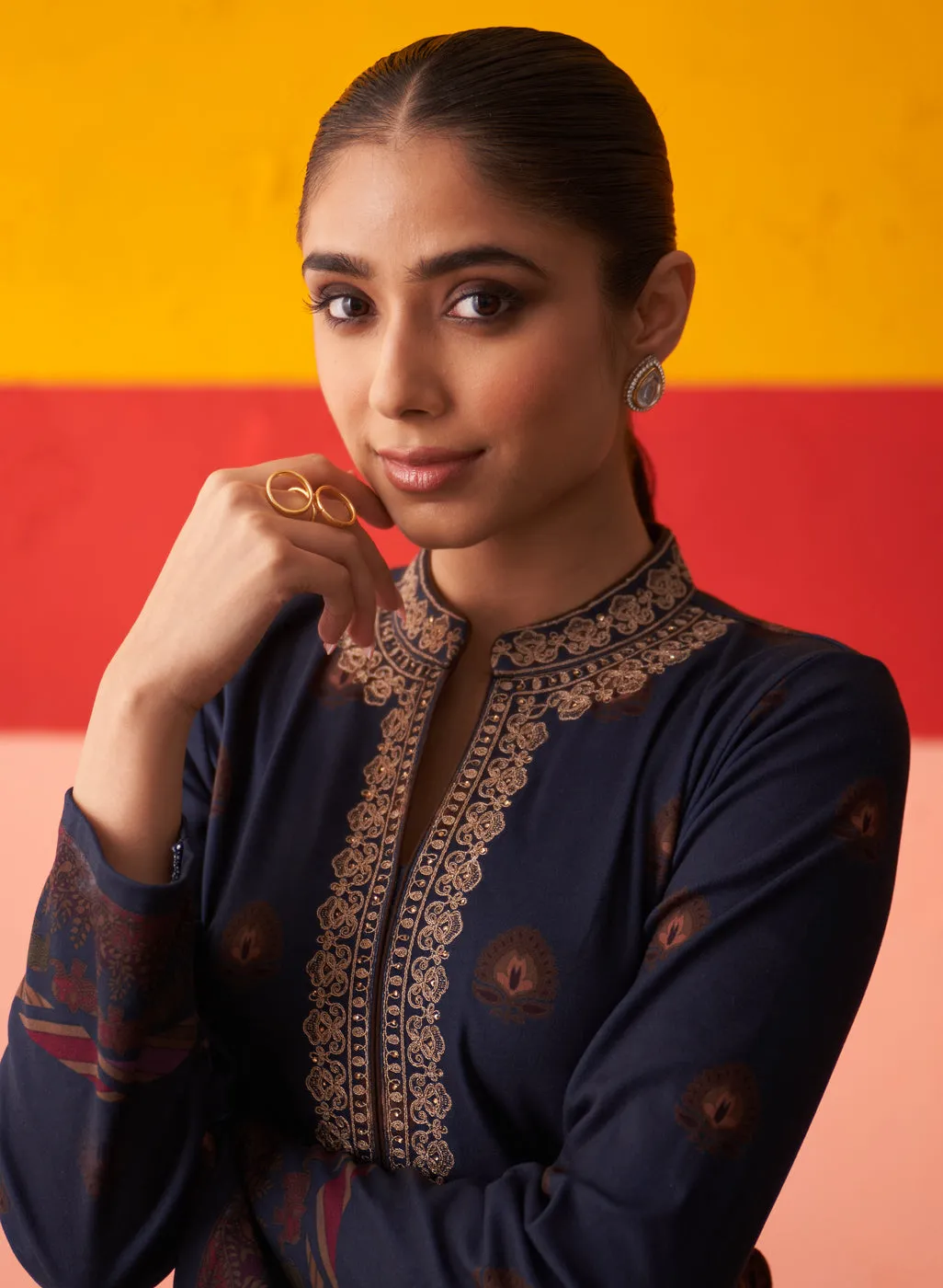 Midnight Blue Printed Woollen Kurta Set with Zari Work and Stone Work