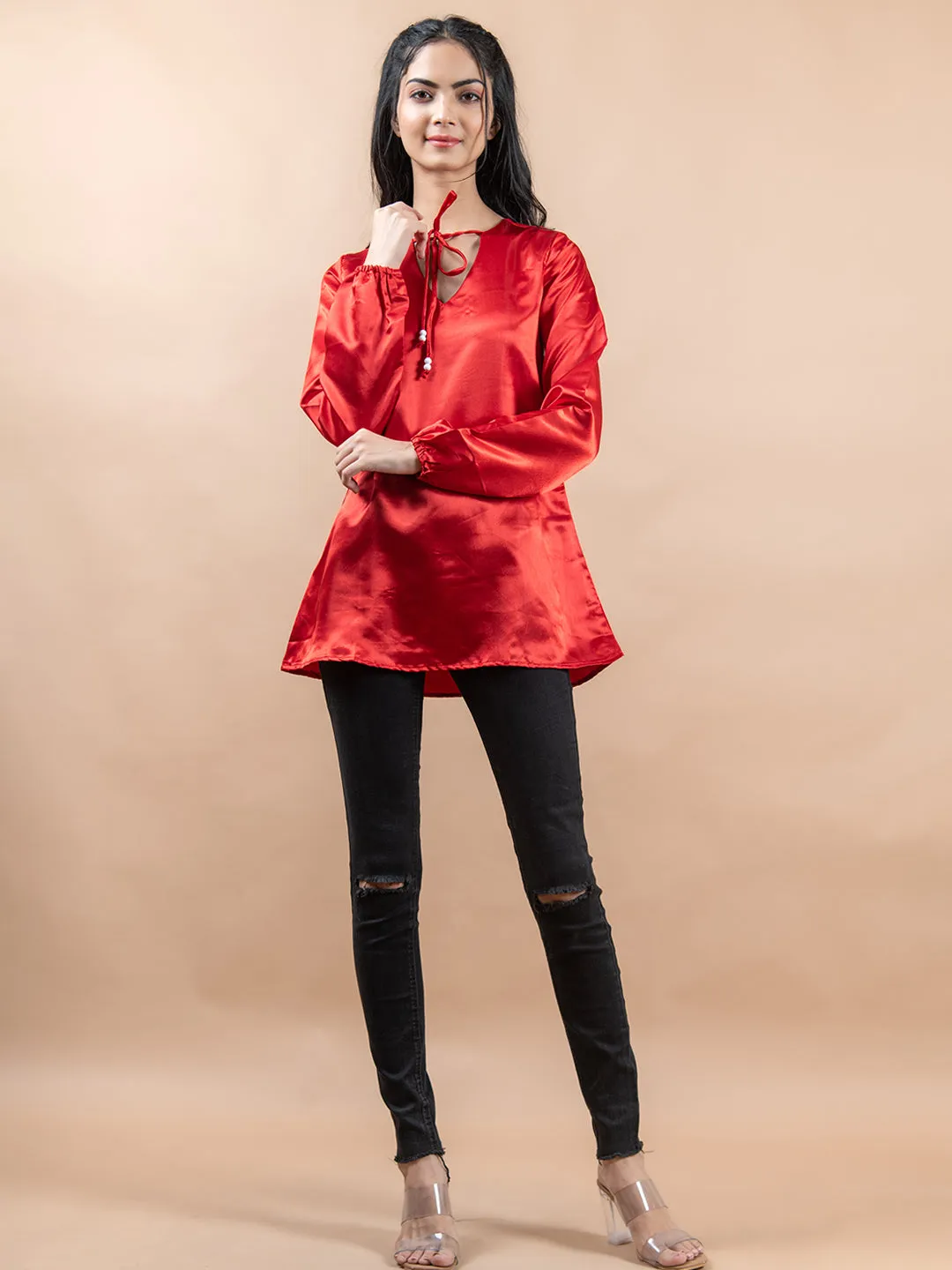 Red Satin Full Sleeves Top
