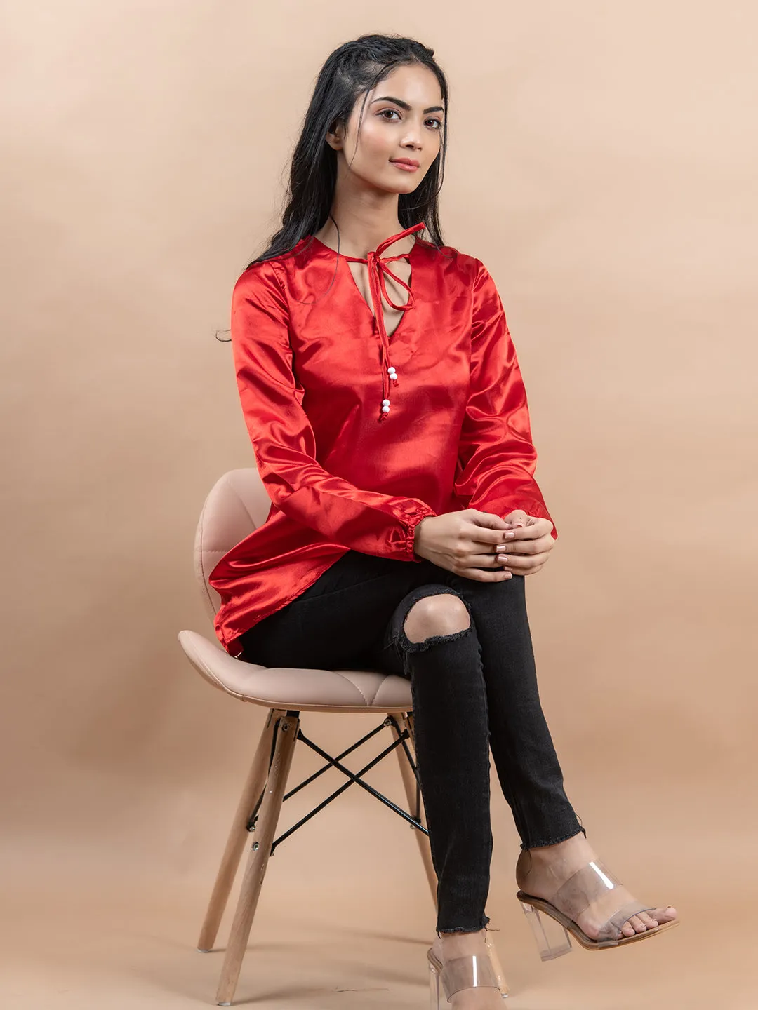 Red Satin Full Sleeves Top