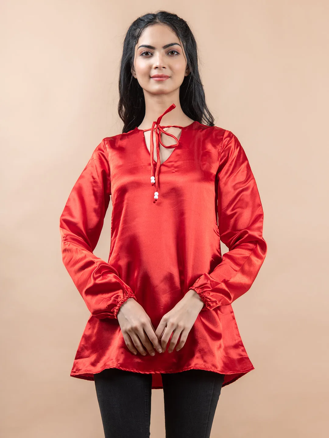 Red Satin Full Sleeves Top