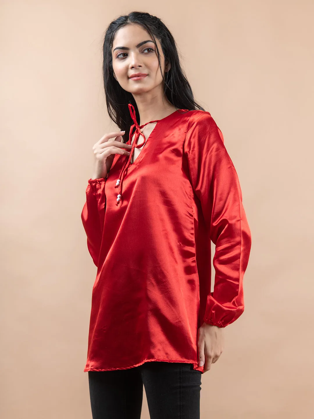Red Satin Full Sleeves Top