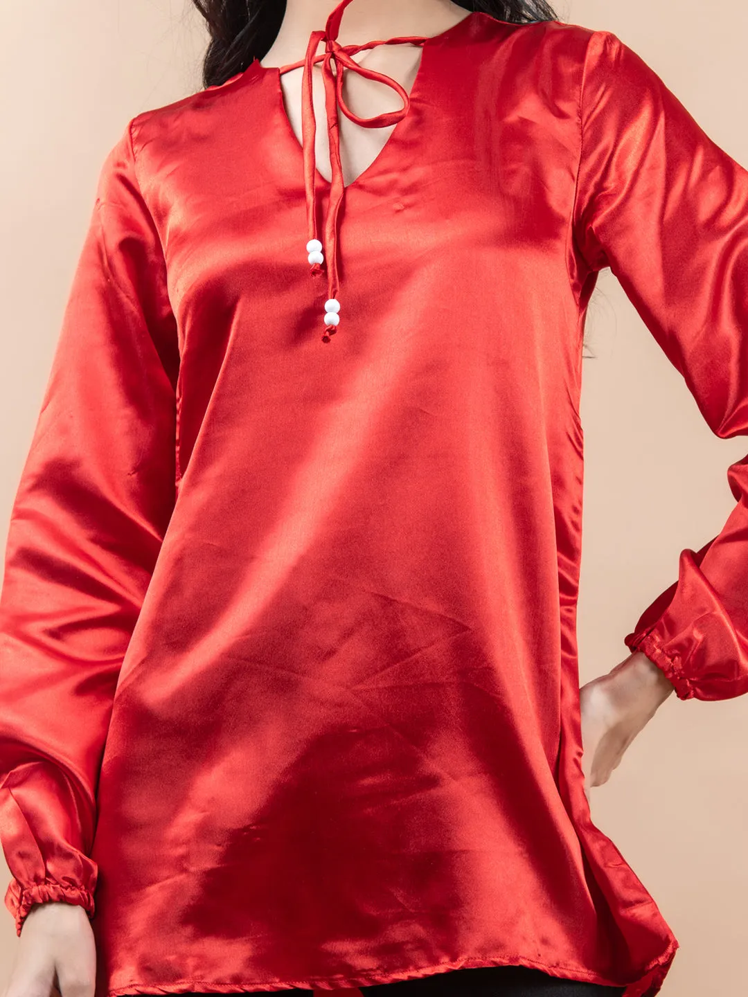 Red Satin Full Sleeves Top