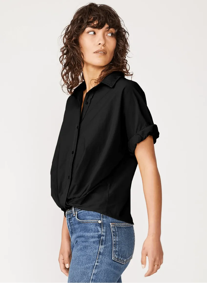 Stateside Poplin Short Sleeve Front Twist Button Up Shirt in Black