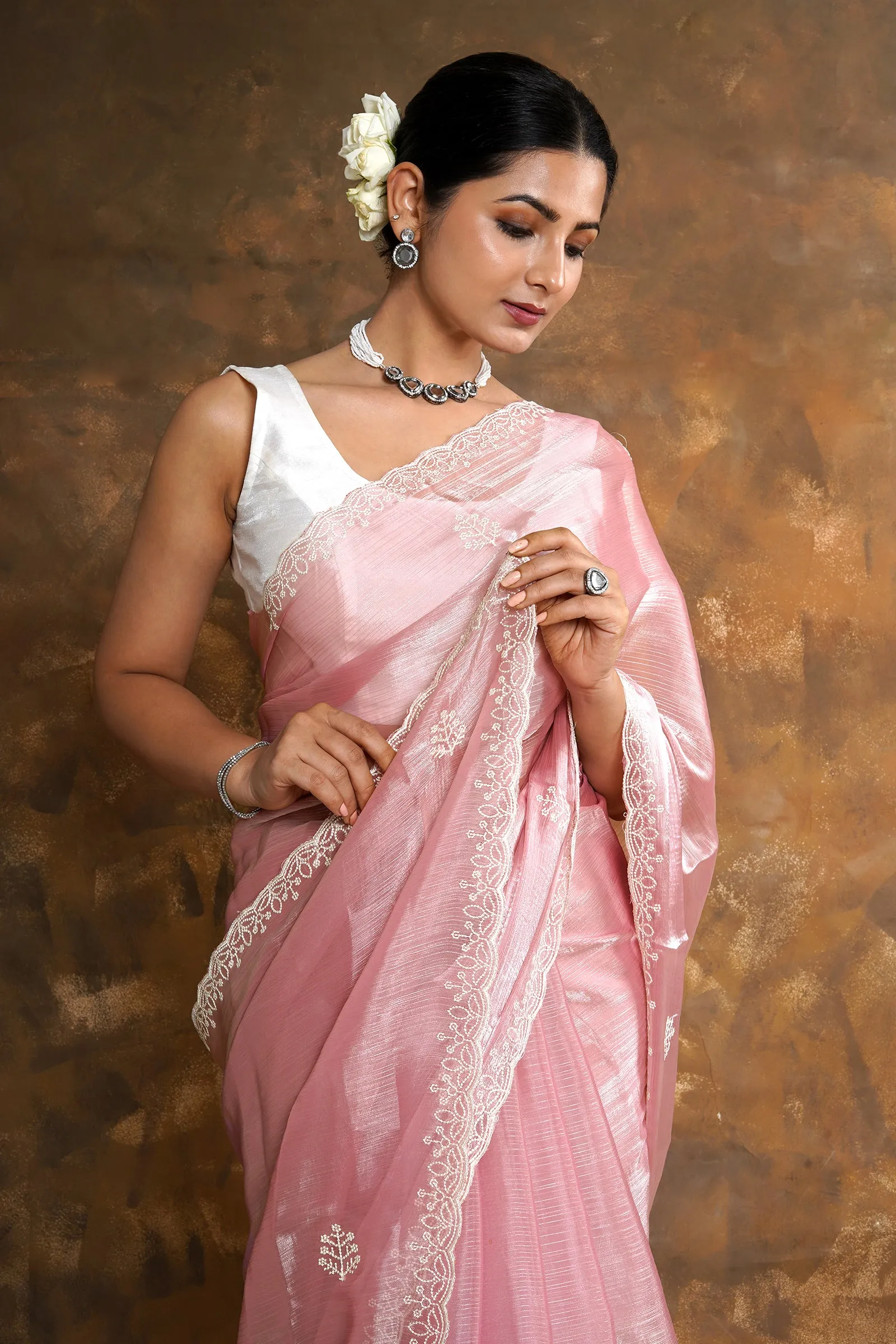 Teejh Bhavna Blush Pink Tissue Saree